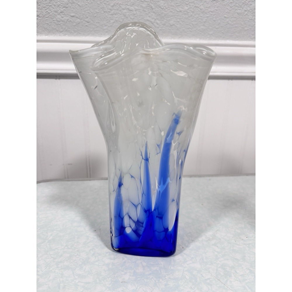 9" Art Glass Handkerchief Vase Cobalt Blue & White Splatter Vase Pier One Import